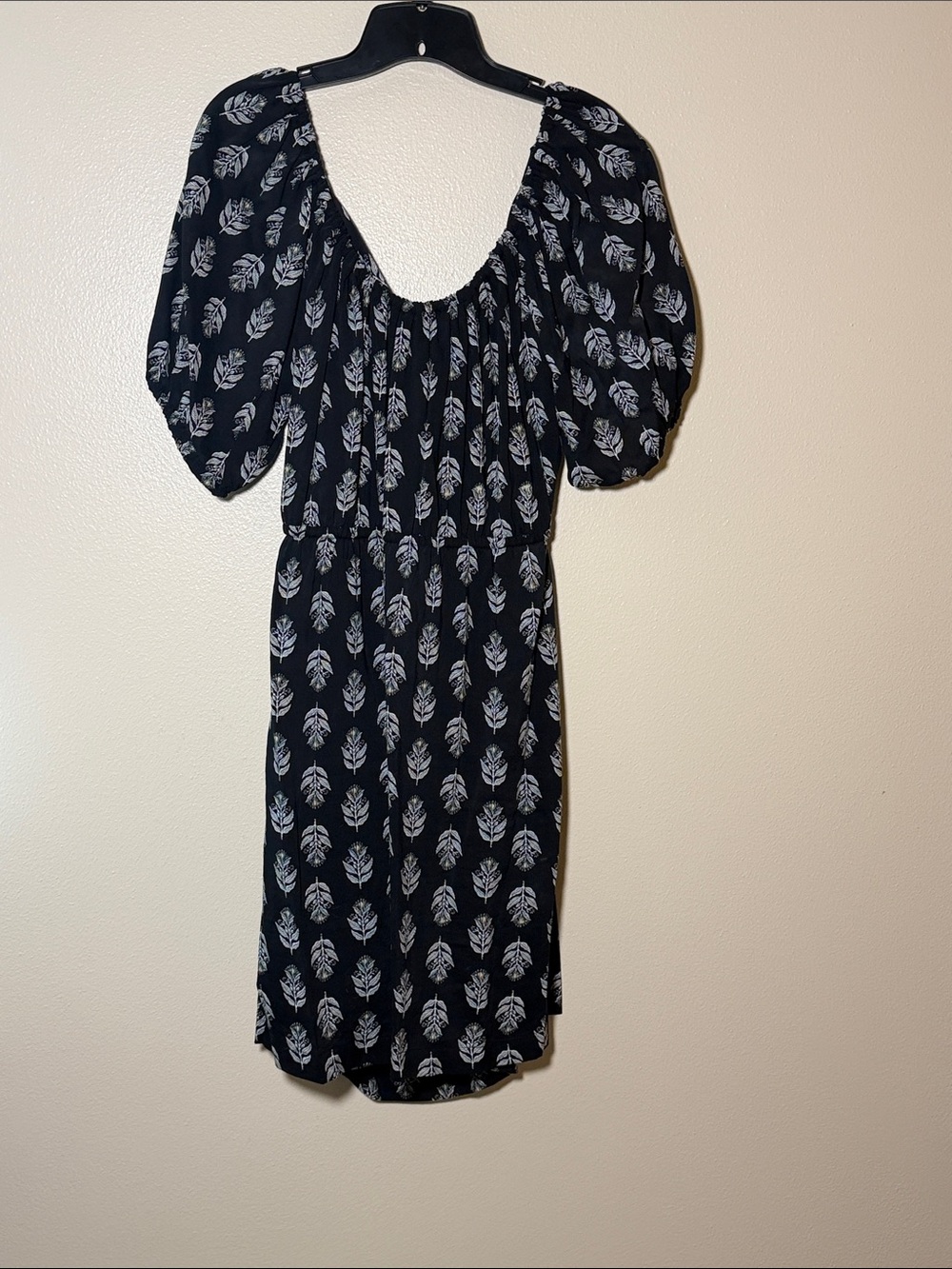 Old Navy Black Midi Dress with White Leaf Print and Puff Sleeves